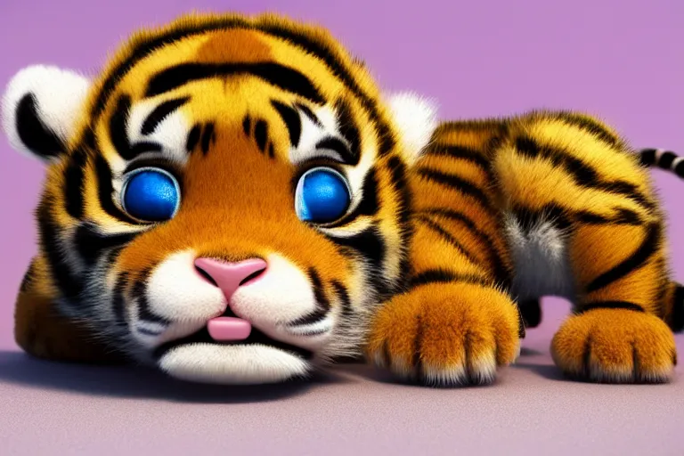 Prompt: a cute baby tiger cub, soft fur texture, pastel colours, colorful, glitter crystal, cute, pixar animation style, detailed, soft light, octane render, 4 k