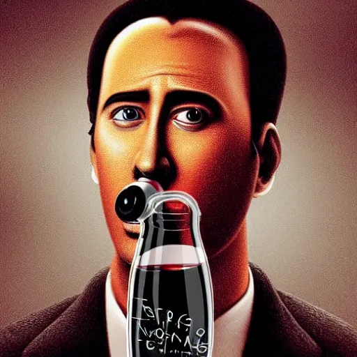 Image similar to Drinking from bottle Nicolas Cage in liquid form, Surrealism, Surreal drawing, Digital art, from artstation, art by Salvador Dali