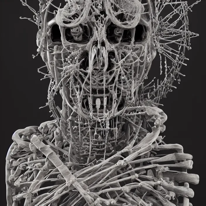 Prompt: portrait of Buddhist Monk as a skeleton. intricate abstract. intricate artwork. nightmare fuel. by Tooth Wu, wlop, beeple, dan mumford. octane render, trending on artstation, greg rutkowski very coherent symmetrical artwork. cinematic, hyper realism, high detail, octane render, 8k, iridescent accents