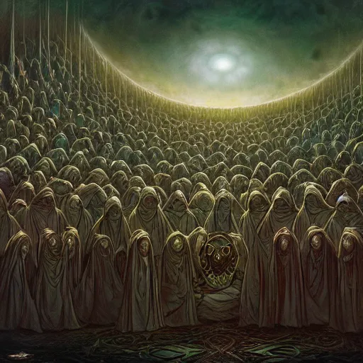 Image similar to a dark cabal of multiple hooded elven mystics in long dark robes gathered in a circular formation around a quantum computer processing the spirits of the dead, dan seagrave art, michael whelan