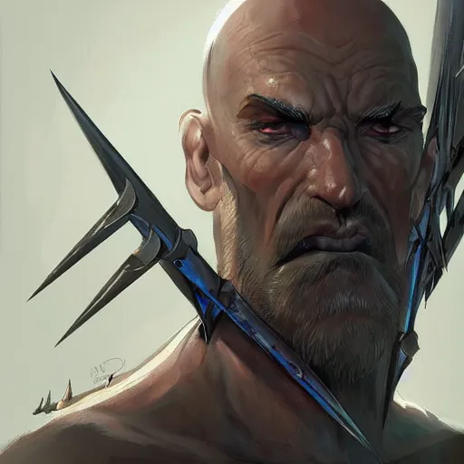 Prompt: bald man with iron spikes driven through his eyes, portrait, behance hd artstation, style of jesper ejsing