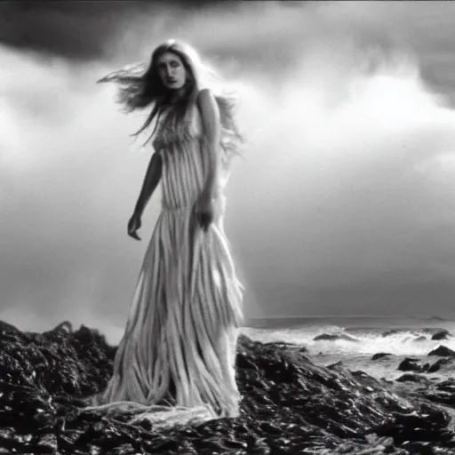 Prompt: 1 9 7 0's artistic spaghetti western movie in color, a woman in a giant billowy wide flowing waving dress made out of white smoke, standing inside a green mossy irish rocky scenic landscape, crashing waves and sea foam, volumetric lighting, backlit, moody, atmospheric