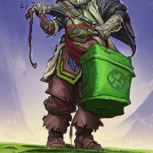 Image similar to a bearded and long haired bicycle food delivery worker with a green bag on his back in ireland, he has boots, hearthstone art style, epic fantasy style art by kim jung gi, fantasy epic digital art