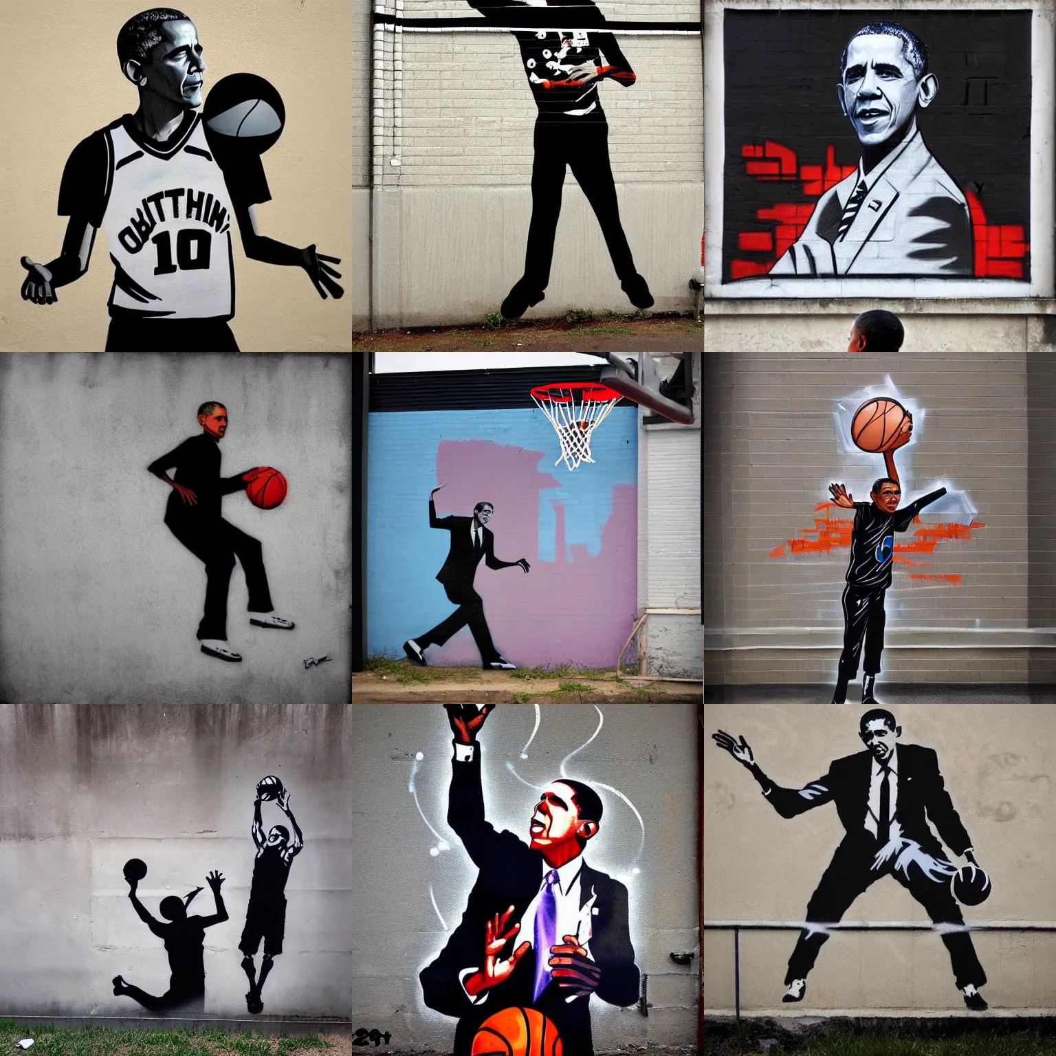 Prompt: futuresynth urban grafitti of barack obama playing basketball by Banksy, trending on artstation