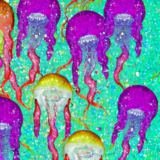 Prompt: Sparkling jellyfish swimming in glitter