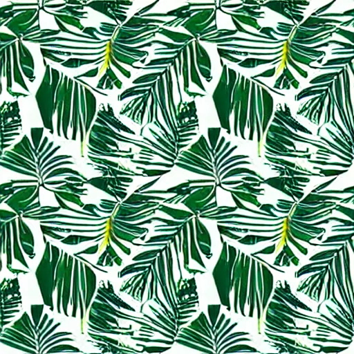 Prompt: repeating pattern, seamless. tropical palm leaves, green, flat color, hyperrealistic, minimalistic