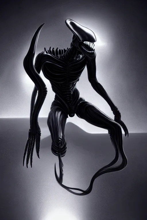 Prompt: neomorph xenomorph design in embrio pose, black, shiny body, hyperrealistic, cinematic lighting