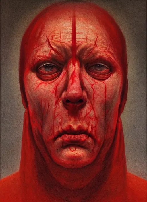 Prompt: lord loss, king of hell & sorrow, book portrait, pale red, lumpy skin, he has very dark - red eyes with even darker red pupils. tiny cracks in skin seep blood, symmetric lights and fog, in the style of zdzislaw beksinski, glowing light and shadow, hyperrealist, 8 k