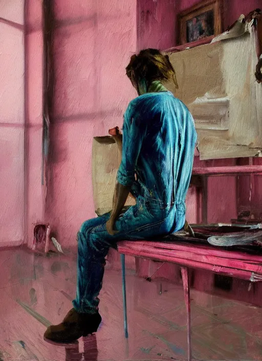 Image similar to an insane, skinny, artist wearing torn overalls, expressive emotions, painting inside a grand messy studio, depth of field, hauntingly surreal, highly detailed oil painting, by francis bacon, edward hopper, adrian ghenie, glenn brown, soft light 4 k in pink, green and blue colour palette, cinematic composition, cinematic lighting, high quality octane render, masterpiece