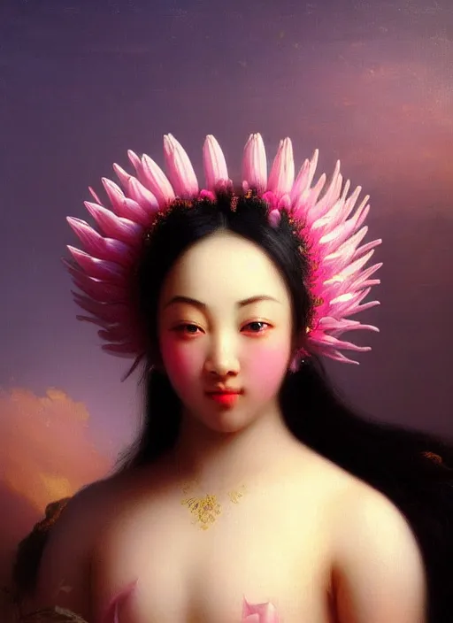 Prompt: stunning asian godess, detailed pink and white protea head peace against a black backdrop by ivan aivazovsky, wlop, oil painting, beautiful soft lighting, muted colours, artstation