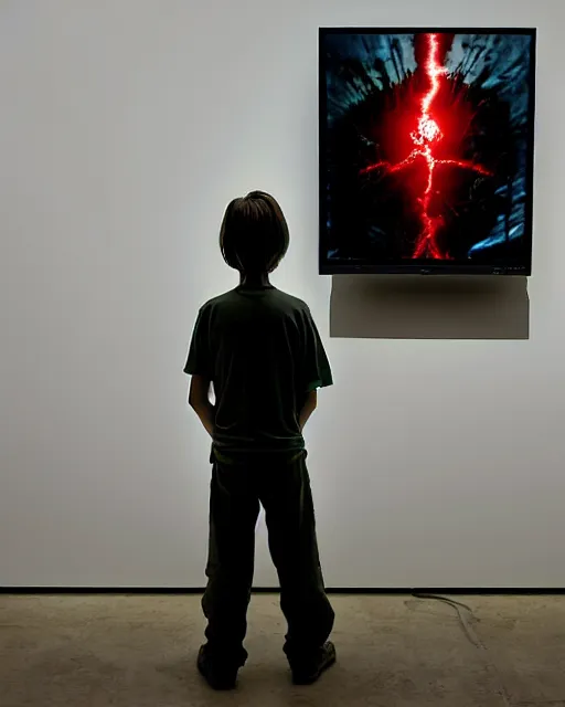 Prompt: an 8 years old enlightened and scared boy standing in front of an old computer with a game doom2 at the monitor screen painted by Adrian Ghenie, by Gerhard Richter and Marlene Dumas.