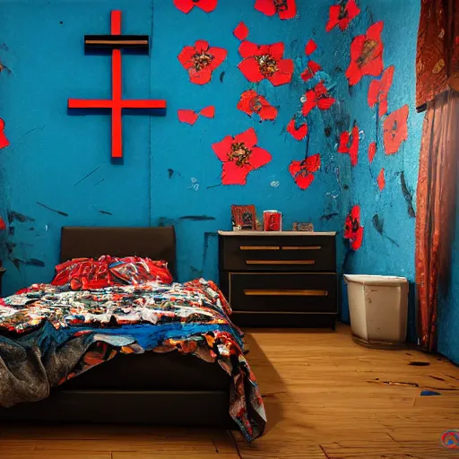 Image similar to male artist's messy, cluttered, dirty bedroom with blue and black floral painted walls and a big bold red christian cross on the wall. flowers painted on walls. realistic, highly detailed, sharp focus, volumetric lighting, full shot, 3 5 mm, unreal engine,