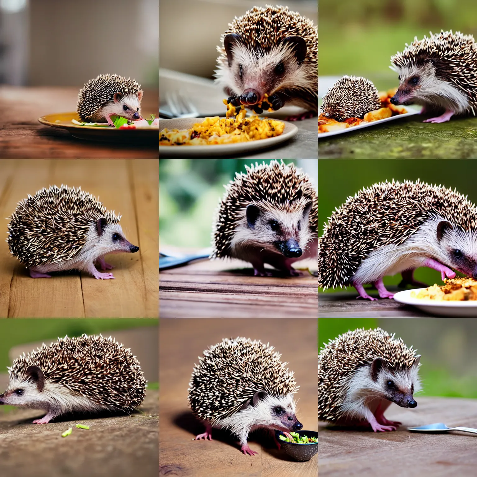 Prompt: hedgehog having dinner on the table with fork, filmed on 35mm photo, depth of field, high detailed