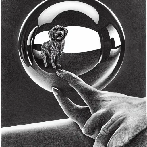 Prompt: self portrait of a havanese dog reflecting into a chrome sphere held by a dog's paw, pen on paper, by mc escher