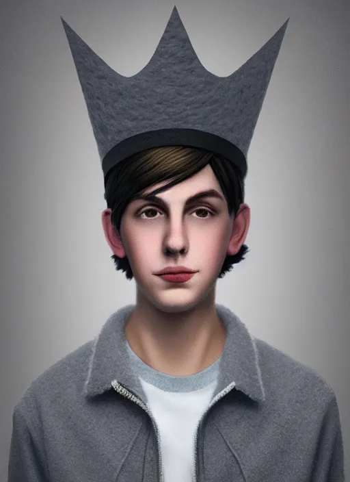 Image similar to portrait of teenage jughead jones wearing a light grey crown, photorealistic, crown made of felt fabric, crown, crown made of felt, black hair, intricate, elegant, highly detailed, digital painting, glowing lights, artstation, concept art, smooth, sharp focus, illustration, art by wlop, mars ravelo and greg rutkowski