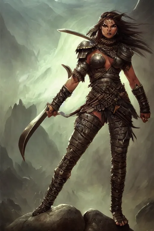 Prompt: Female barbarian, black pants, heavy brown metallic armor, swords, gorgeous and beautiful, light brown messy hair, dark skin, brown eyes, detailed face, battle stance, high fantasy, extremely detailed, alone, on a rock, DND, D&D, matte painting, by wlop and peter mohrbacher