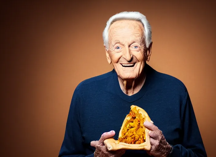 Image similar to studio portrait photo still of bob barker!!!!!!!! at age 7 3 years old 7 3 years of age!!!!!!! eating a pumpkin empanada, 8 k, 8 5 mm f 1. 8, studio lighting, rim light, right side key light