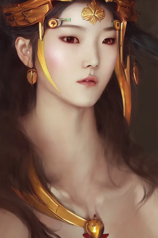 Prompt: A portrait of a female korean model as Ishtar the goddess of love, Stjepan Sejic, Ruan Jia, and Mandy Jurgens, and Artgerm, and william adolphe bouguereau, highly detailed, trending on artstation, award winning