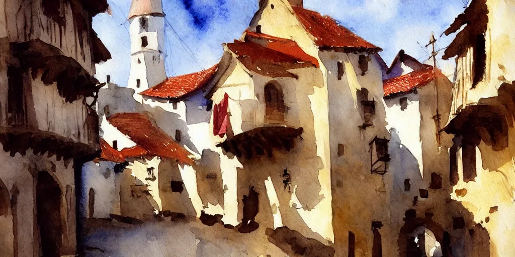 Image similar to medieval town, summer morning light, watercolor painting by john singer sargent, highly detailed, sharp focus, alien, trending on artstation, hq, deviantart, art by artgem