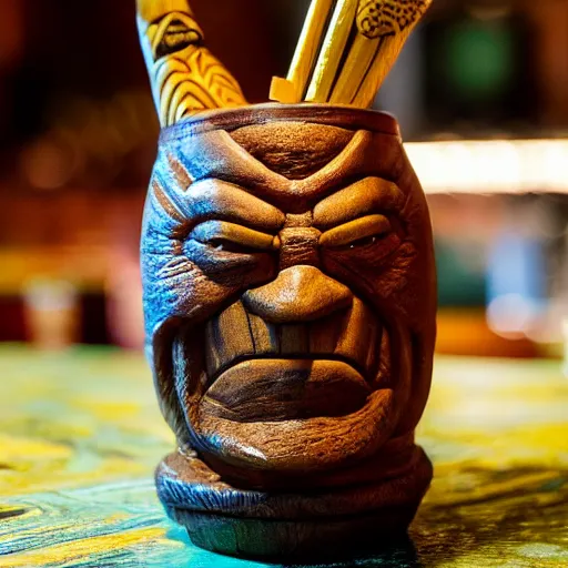 Prompt: a closeup photorealistic photograph of ben grimm's face on a tiki mug at trader vic's restaurant. fantastic four. tiki culture. bright scene. fine detail. this 4 k hd image is trending on artstation, featured on behance, well - rendered, extra crisp, features intricate detail, epic composition and the style of unreal engine.