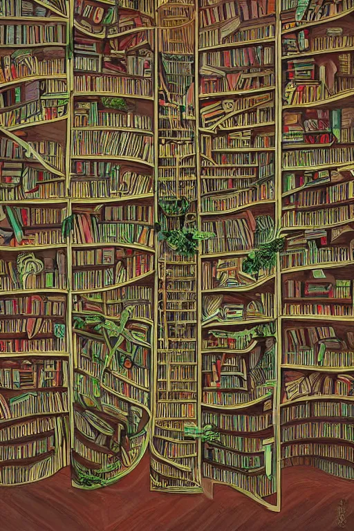 Prompt: An overgrown library, in the style of wolfgang hutter