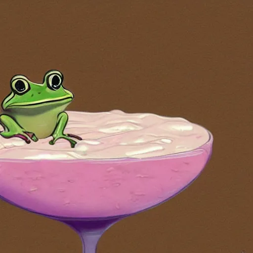 Image similar to frog drowning in strawberry yogurt, real