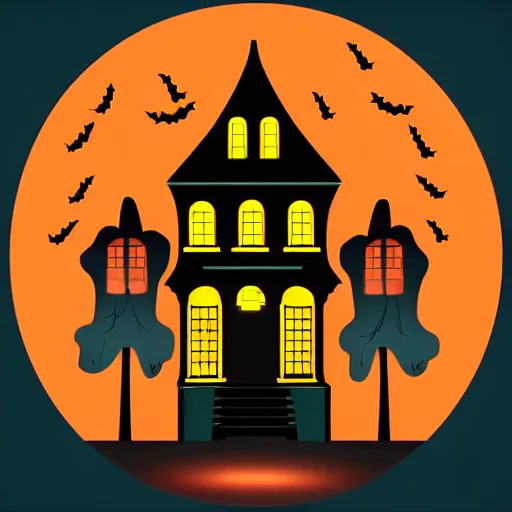 Image similar to vector illustration scenic beautiful colors, haunted gothic house, scary trees, pumpkins, lamp post illuminated at night - W 1024