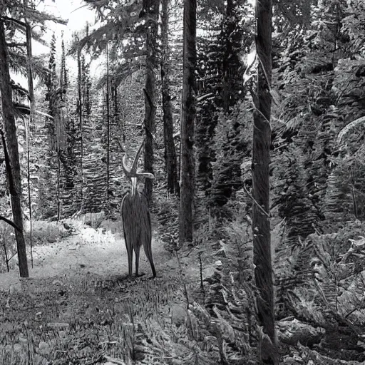 Prompt: trailcam footage of a skinny white wendigo in the distance hidden behing trees