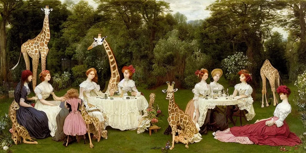 Image similar to elegant victorian tea party with giraffes in an english summer garden patio, pre - raphaelite - h 7 6 8