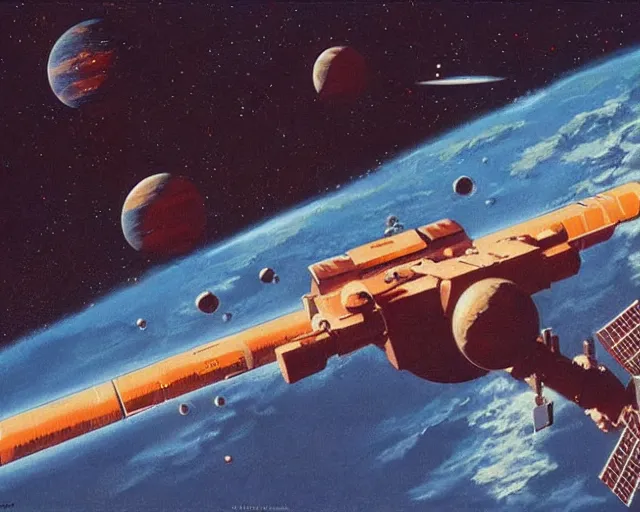 Image similar to a Space Station orbiting a red planet, sci-fi, space station, retrofuturism, vintage, art by Vincent Di Fate, Vincent Di Fate, 8K