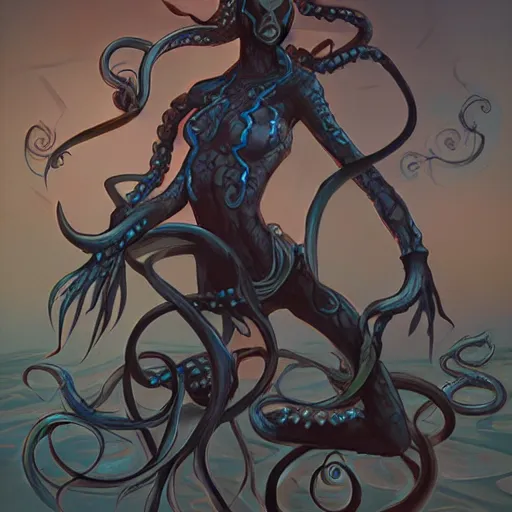 Prompt: with black tentacles and dark, dynamic lighting in the style of Brom