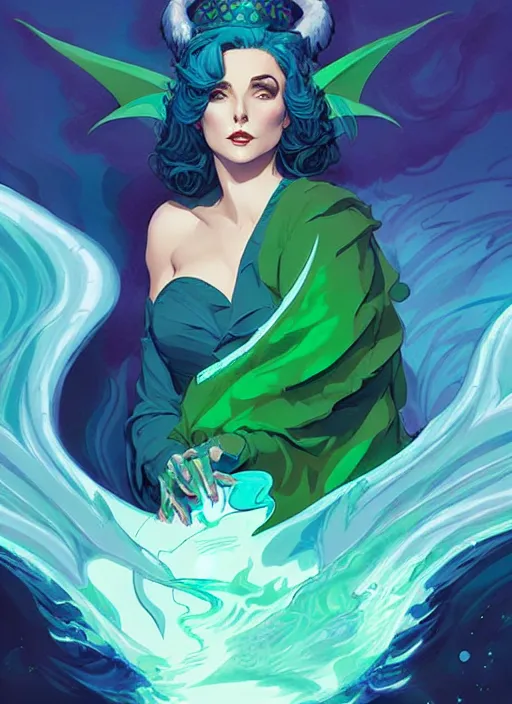 Image similar to style artgerm, joshua middleton, illustration, elizabeth taylor as a dragon priestess wearing green pelt light armor, blue hair, swirling water cosmos, fantasy, dnd, cinematic lighting