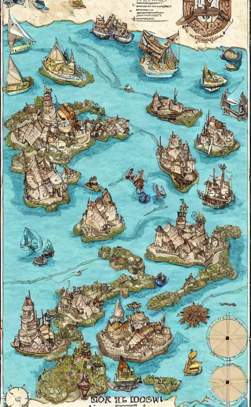 Prompt: dnd shore port town and docks on islands, hand painted and drawn map