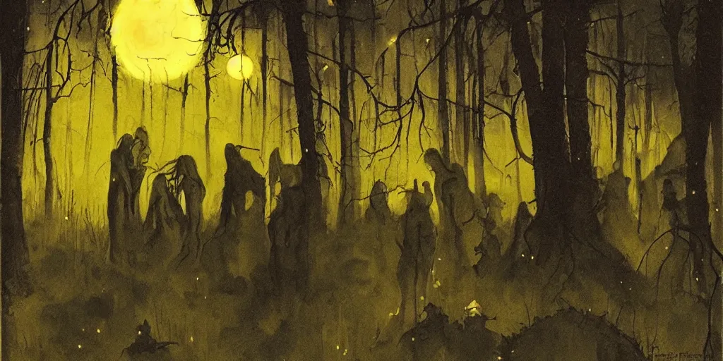 Image similar to forest mystical ceremony under the moon light, fireflies, ominous sky, by jeffrey catherine jones