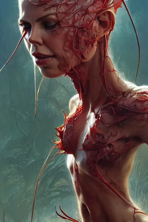 Image similar to Venus flytrap with face of Charlize Theron, intricate, highly detailed, smooth, artstation, digital illustration by Ruan Jia and Mandy Jurgens and Artgerm and Wayne Barlowe and Greg Rutkowski and Zdislav Beksinski