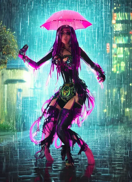 Prompt: An epic fantasy comic book style full body portrait painting of a very beautiful cybergoth Hula Dancer in the rain, neon reflections in the rain puddles, character design by Mark Ryden and Pixar and Hayao Miyazaki, unreal 5, DAZ, hyperrealistic, octane render, cosplay, RPG portrait, dynamic lighting, intricate detail, cinematic