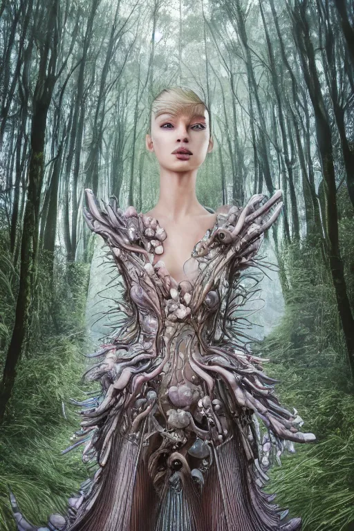 Image similar to a beautiful hyperrealistic ultradetailed 3D, one girl in a magnificent McQueen couture dress on the background of a futuristic forest, Designer clothes, futuristic clothes, clothes from the future, biopunk, voge photo, fashion style, fullbody, in full growth, photorealistic, high resolution, trending on artstation, highly detailed, volumetric lighting, elegant, details, good clear quality, volumetric lighting,