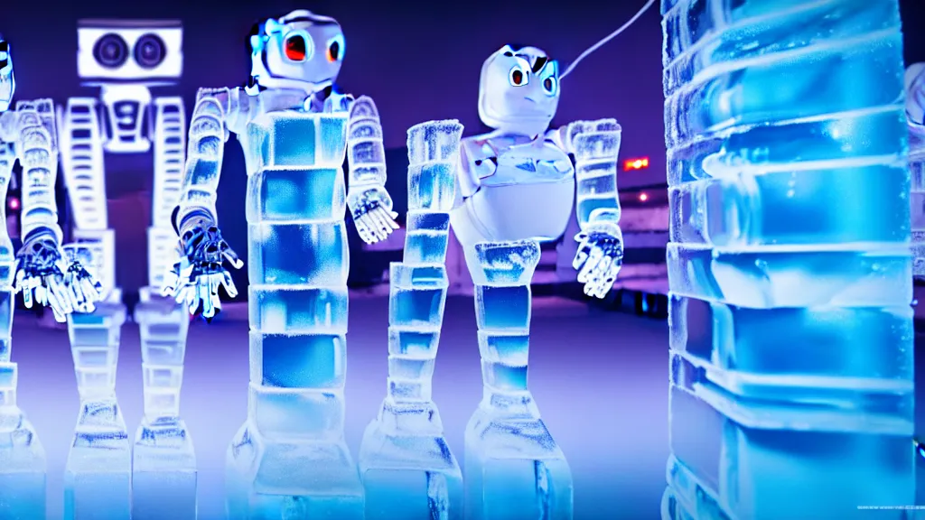 Image similar to robots drinking alcohol, inside a ice bar, chrome reflections, hyper-realistic, extreme detail, sharp photo, beautiful, cinematic 4K, by Sorayama