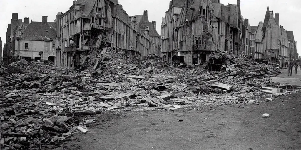 Image similar to “ a photo of the street of saint - malo destroyed after the bombing in 1 9 4 5 ”