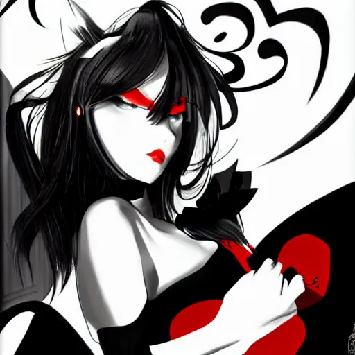 Image similar to anime femme fatale, film noir, black and white and red