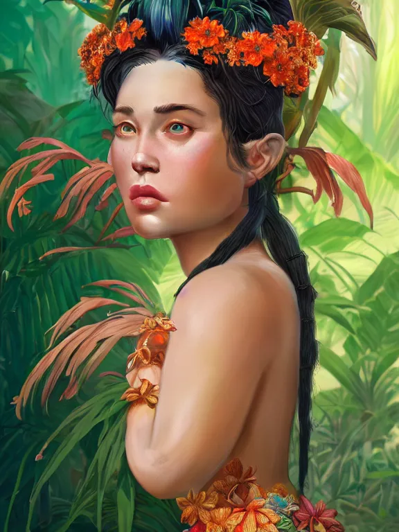 Image similar to beautiful portrait of a Subtropics minority female wearing fantastic costume, pigtail,subtropical plants,subtropical plants flowers,intricate, elegant, highly detailed, dim volumetric lighting, 8k,octane,post-processing,digital painting, trending on artstation, concept art, smooth, sharp focus, illustration,by Tom Bagshaw and Daniel Gerhartz and Albert Aublet and Lawrence Alma-Tadema and alphonse mucha