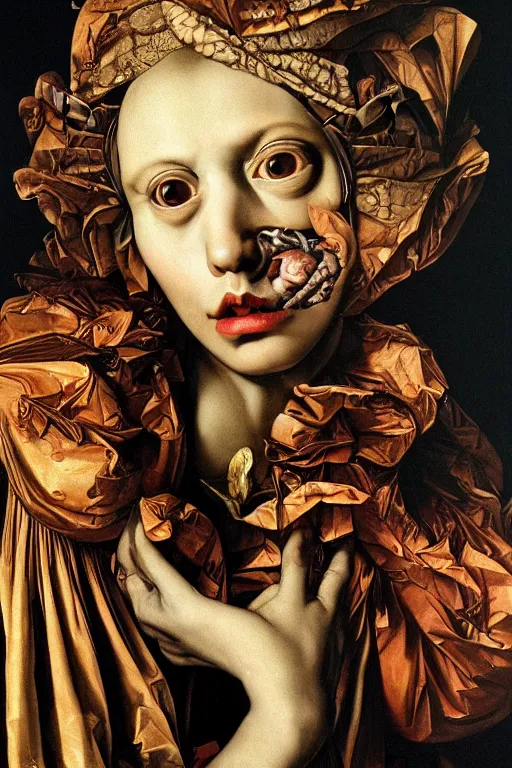 Image similar to Detailed maximalist portrait with large lips and with large wide eyes, surprised expression, surreal extra flesh and bones, HD mixed media, 3D collage, highly detailed and intricate, illustration in the golden ratio, in the style of Caravaggio, dark art, baroque