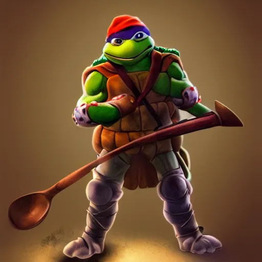 Image similar to teenage mutant ninja turtle michaelangelo holding frying pan full of doornails, wearing white chef hat, volumetric lighting, realistic, photo, artstation