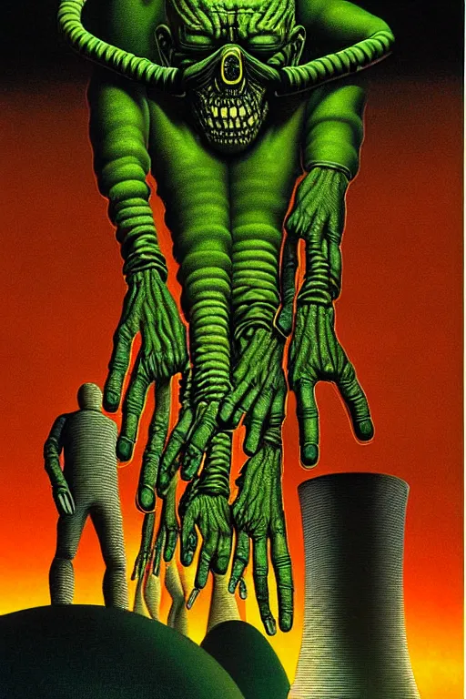Image similar to a hyperrealistic detailed painting of an emergency at the nuclear power plant, radioactive chimeric radiation monsters eating the laboratory by chris cunningham and richard corben, highly detailed, vivid color,