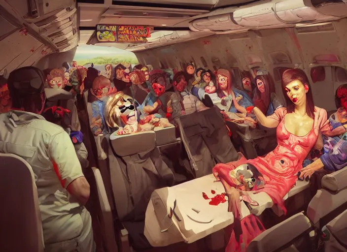 Image similar to boeing 737 cabin, a lot of zombies, birthday party, realistic, wide angle, Unreal 5 engine, trending on artstation, by Huang Guangjian and Gil Elvgren and Sachin Teng