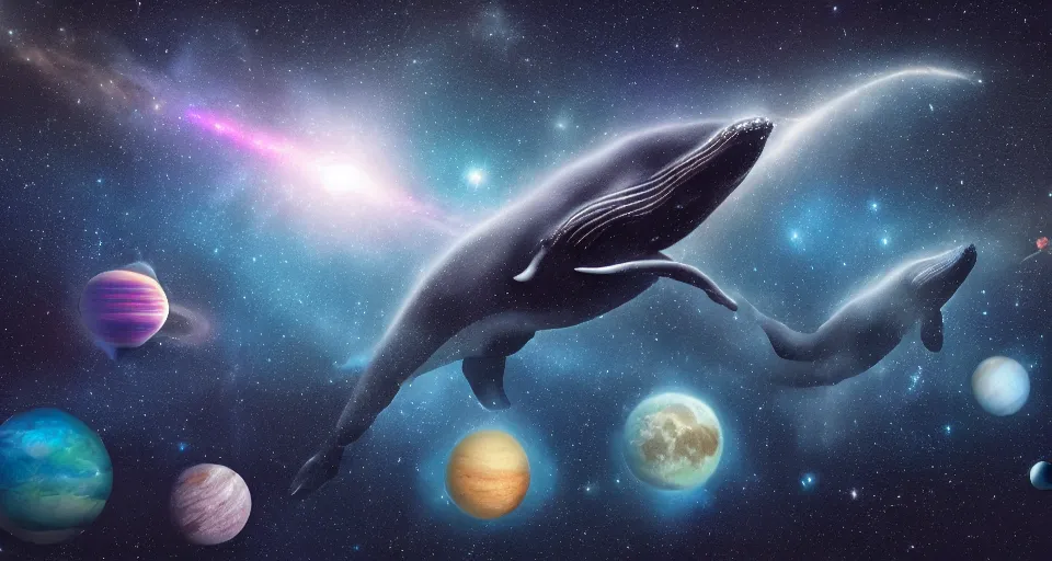 Image similar to high quality photo of big whale floating in dark beautiful space filled with stars, planets and galaxies, photorealism, 8k, extremely detailed