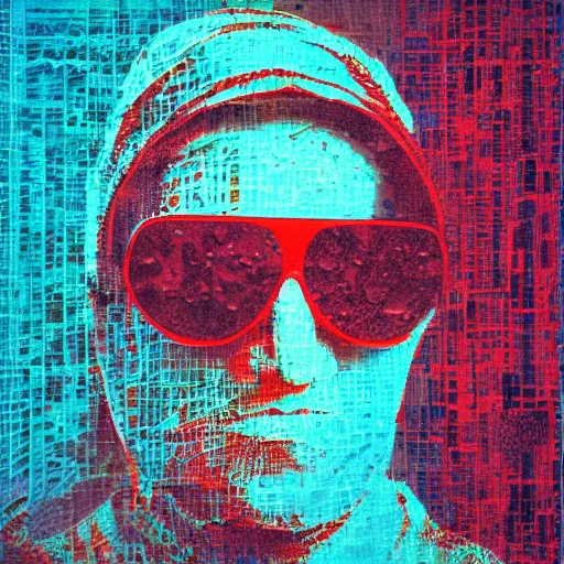 Prompt: portrait of a hooded character wearing high tech sunglasses, digital ui, by Guy Denning, by Johannes Itten, glitch art, hacking effects, glitch effects, chromatic, color blocking, holographics, oil on canvas