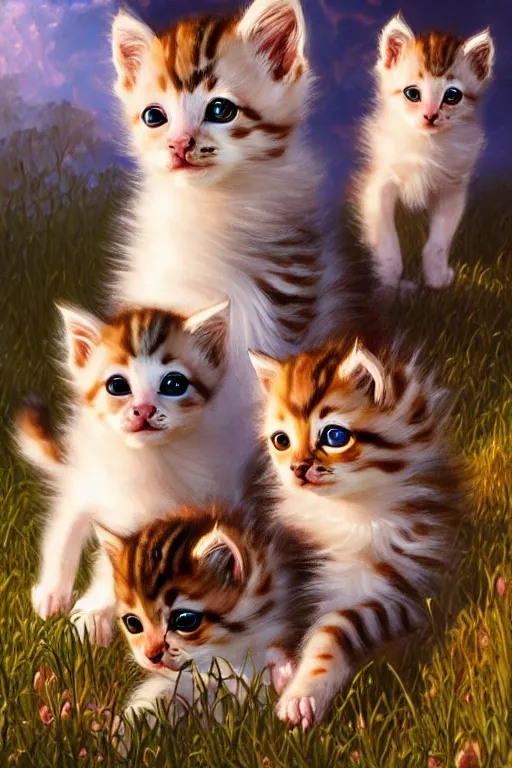 Prompt: clear portrait of a pack of kittens, cottagecore!!, background hyper detailed, character concept, full body, dynamic pose, glowing lights!! intricate, elegant, highly detailed, digital painting, artstation, concept art, smooth, sharp focus, illustration, art by artgerm and greg rutkowski and alphonse mucha