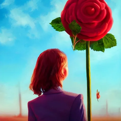 Image similar to closeup, giant rose flower head, frontal, girl in a suit, surreal photography, sunrise, blue sky, dramatic light, impressionist painting, digital painting, artstation, simon stalenhag