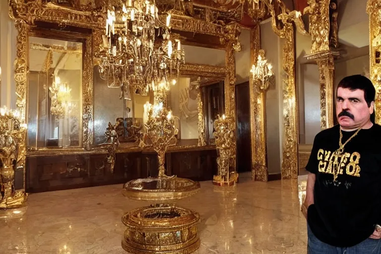 Prompt: el chapo standing in the middle of a grandiose mexican mansion. everything is made out of gold. el chapo is sipping on wine. the mansion is incredible and ornate. chapo has a clockwork chain.